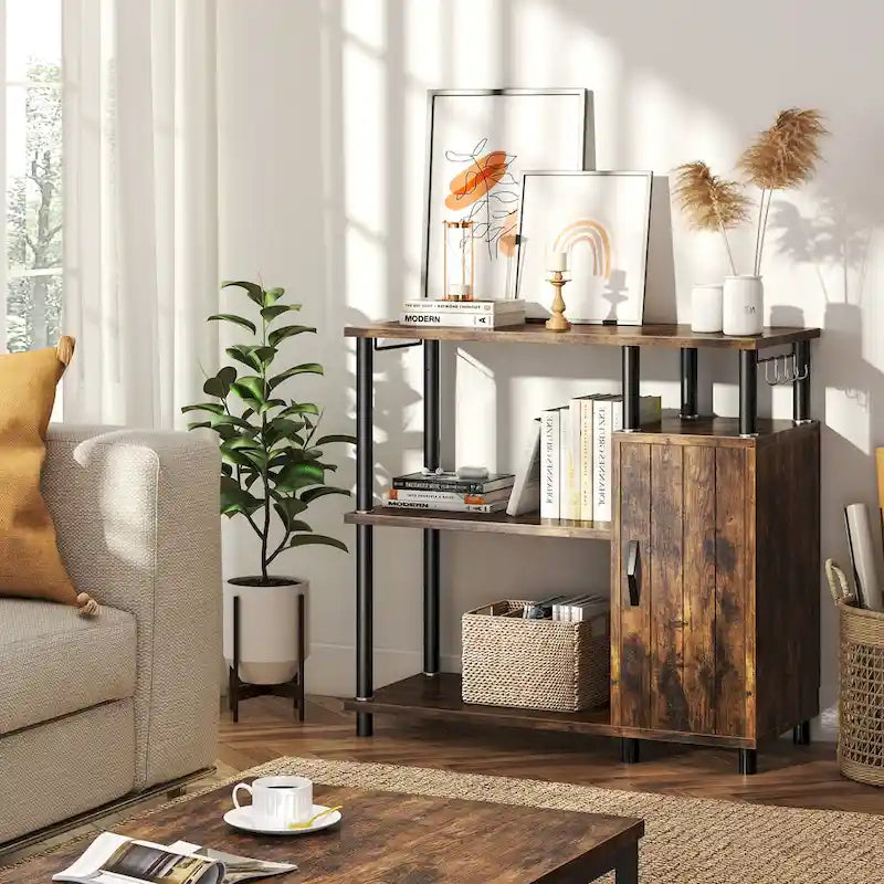 Îlot de cuisine à 4 niveaux avec support pour four à micro-ondes et crochets - 90 cm de largeur