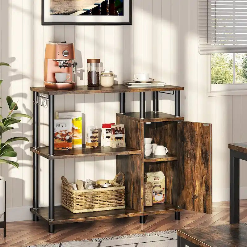 Îlot de cuisine à 4 niveaux avec support pour four à micro-ondes et crochets - 90 cm de largeur