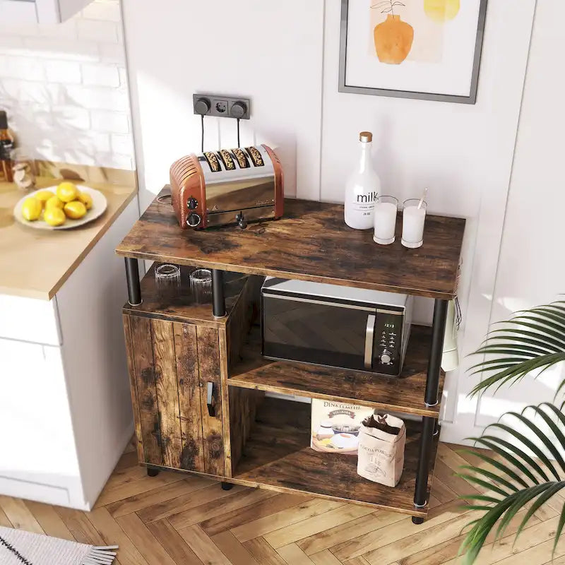 Îlot de cuisine à 4 niveaux avec support pour four à micro-ondes et crochets - 90 cm de largeur