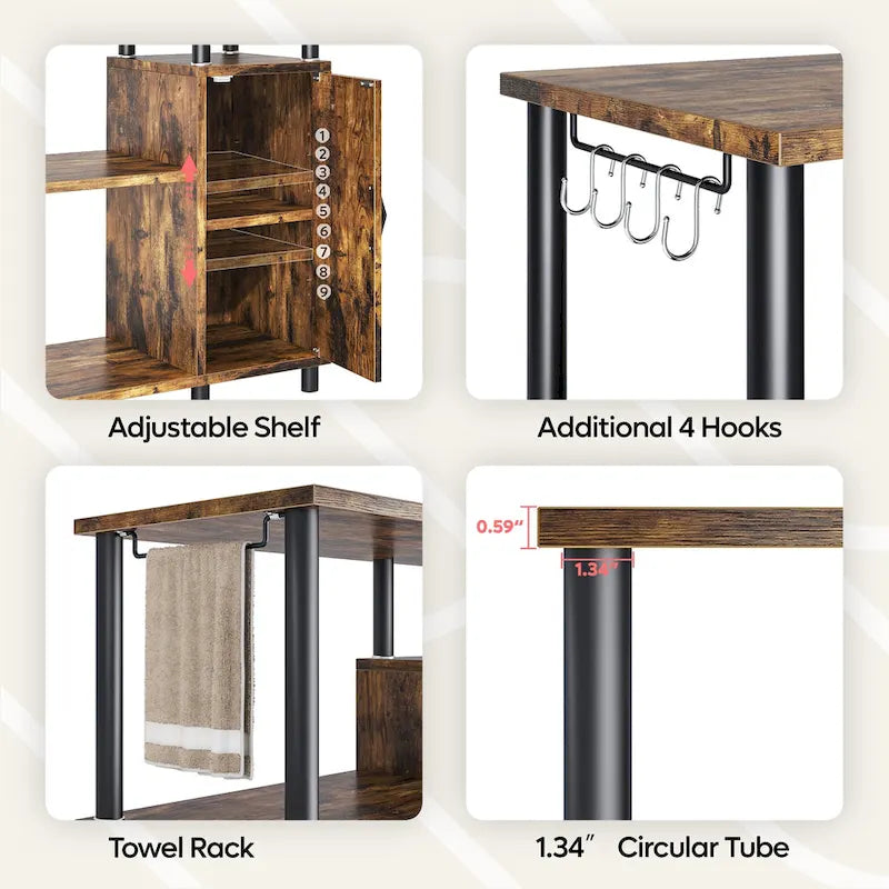 Îlot de cuisine à 4 niveaux avec support pour four à micro-ondes et crochets - 90 cm de largeur