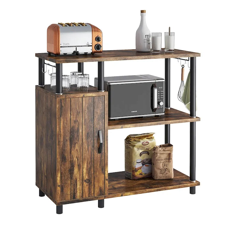 Îlot de cuisine à 4 niveaux avec support pour four à micro-ondes et crochets - 90 cm de largeur