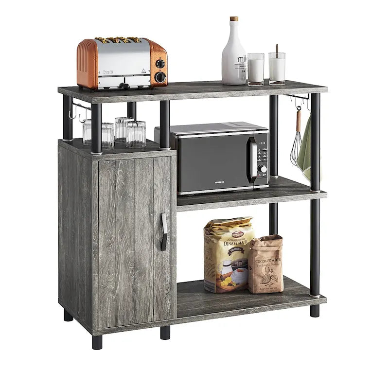 Îlot de cuisine à 4 niveaux avec support pour four à micro-ondes et crochets - 90 cm de largeur