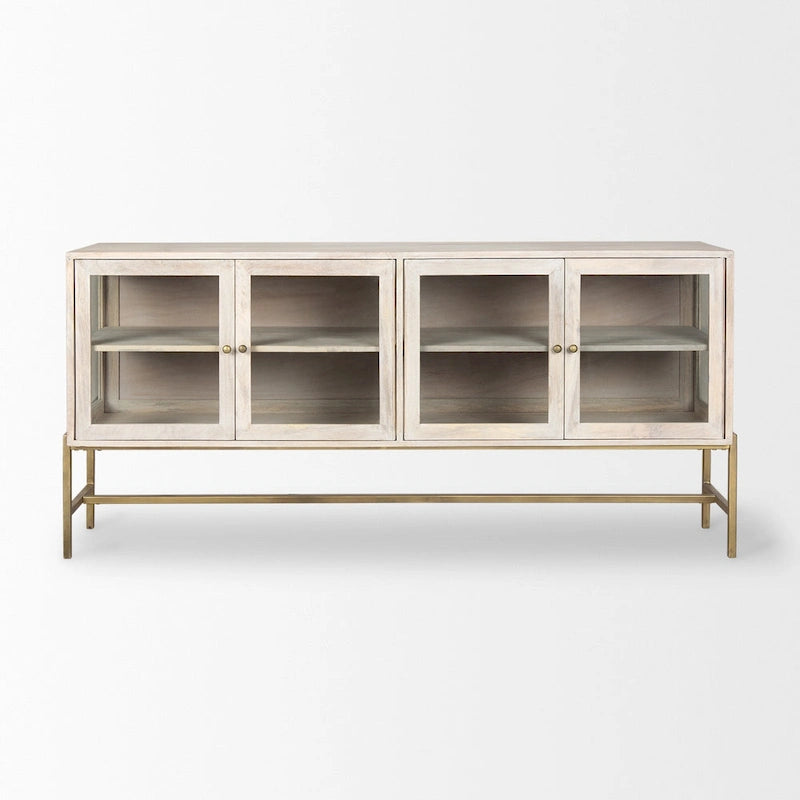 Buffet Arelius en bois massif blond avec piètement en fer doré et portes vitrées - 70 cm (L) x 32 cm (H) x 18,75 cm (P)