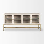 Buffet Arelius en bois massif blond avec piètement en fer doré et portes vitrées - 70 cm (L) x 32 cm (H) x 18,75 cm (P)