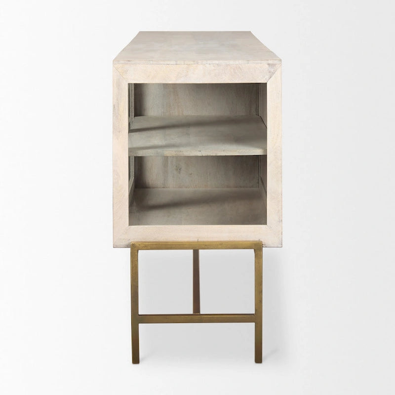 Buffet Arelius en bois massif blond avec piètement en fer doré et portes vitrées - 70 cm (L) x 32 cm (H) x 18,75 cm (P)