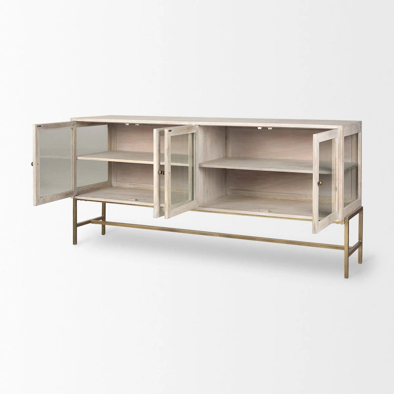 Buffet Arelius en bois massif blond avec piètement en fer doré et portes vitrées - 70 cm (L) x 32 cm (H) x 18,75 cm (P)