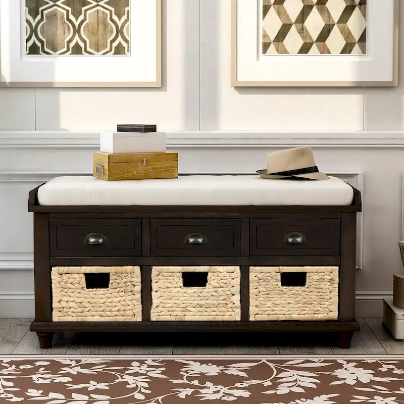 Espresso Storage Bench with 3 Drawers and 3 Rattan Baskets