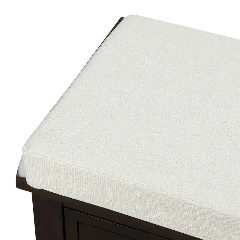 Banc de rangement couleur expresso avec 3 tiroirs et 3 paniers en rotin