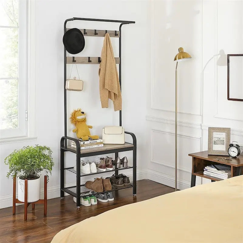 Étagère de rangement d'entrée gris-noir avec accents imitation bois et structure en métal - 13,3 cm (P) x 28,3 cm (L) x 72,1 cm (H)