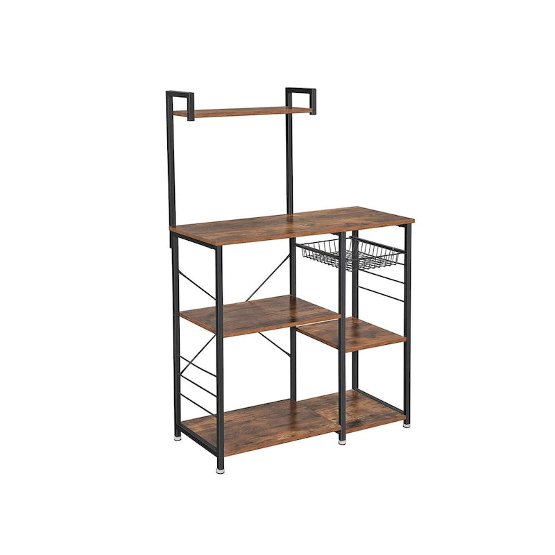 Rustic Brown Bakers Rack Kitchen Shelf with wire Basket and 6 S-Hooks Perfect for Microwave or Oven - 35.4L x 15.7W x 52H