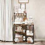 Étagère de cuisine rustique marron avec panier en fil métallique et 6 crochets en S, idéale pour le micro-ondes ou le four - 35,4 cm (L) x 15,7 cm (l) x 52 cm (H)