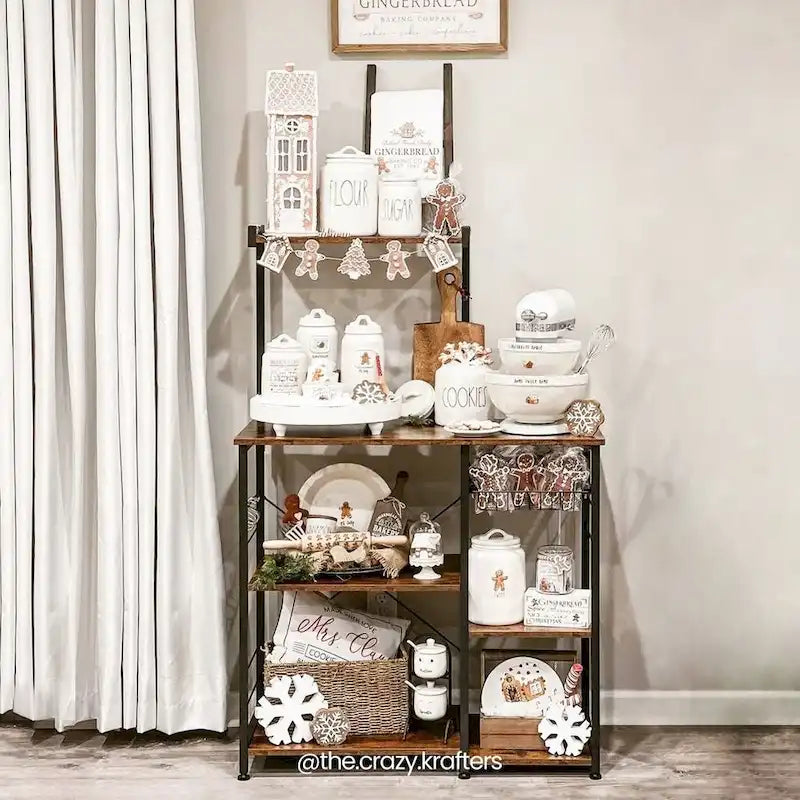 Étagère de cuisine rustique marron avec panier en fil métallique et 6 crochets en S, idéale pour le micro-ondes ou le four - 35,4 cm (L) x 15,7 cm (l) x 52 cm (H)