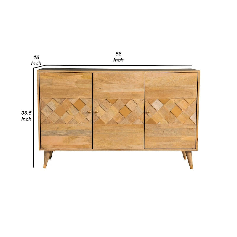Buffet console Liv 56 pouces à 3 portes, motif géométrique, marron naturel