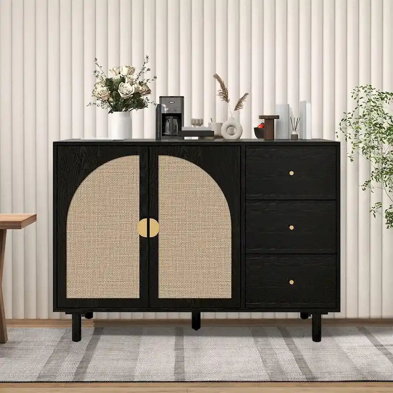 Rattan Cabinet, Sideboard Buffet Cabinet with 2 Doors and 3 Drawers - 44.49Lx15.75Wx31.5H