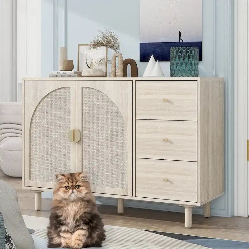 Buffet en rotin, 2 portes et 3 tiroirs - 113 cm (L) x 40 cm (l) x 80 cm (H)