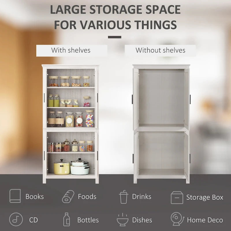 Garde-manger de cuisine à 4 portes de 64 pouces, meuble de rangement autoportant avec 3 étagères réglables pour la cuisine, la salle à manger ou le salon