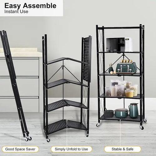 Étagère de rangement pliable en métal noir robuste à 5 niveaux avec roulettes