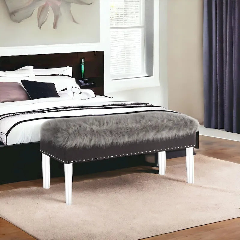 HomeRoots 42 Gray and Clear Upholstered Faux Fur Bench with Flip top