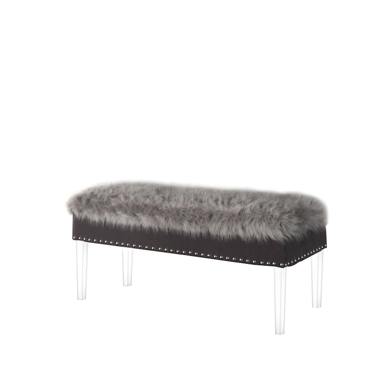 Banc HomeRoots 42 gris et transparent, recouvert de fausse fourrure et doté d'un couvercle rabattable.
