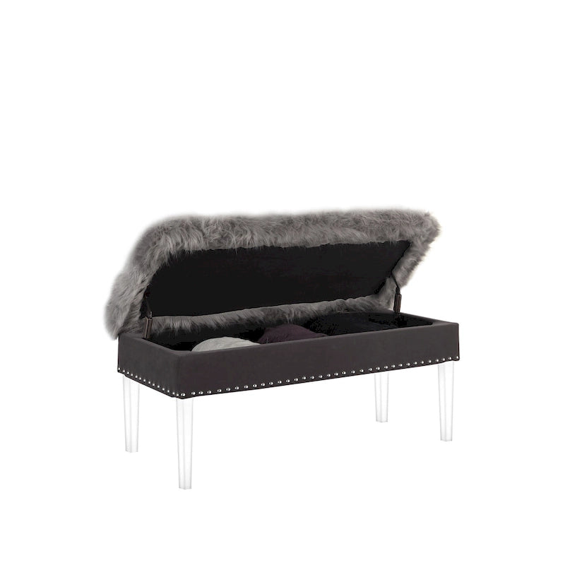 Banc HomeRoots 42 gris et transparent, recouvert de fausse fourrure et doté d'un couvercle rabattable.