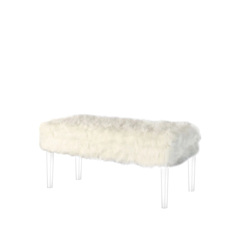 Banc HomeRoots 42 gris et transparent, recouvert de fausse fourrure et doté d'un couvercle rabattable.