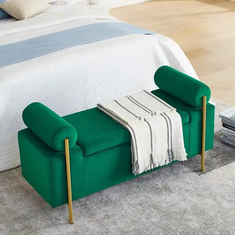 Morden Velvet Upholstered Storage Ottoman Bench, Elegant Footstool with Rolled Arms and Iron Legs for Bedroom, Hallway
