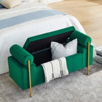 Pouf coffre rembourré en velours moderne, élégant repose-pieds avec accoudoirs arrondis et pieds en fer pour chambre ou entrée.