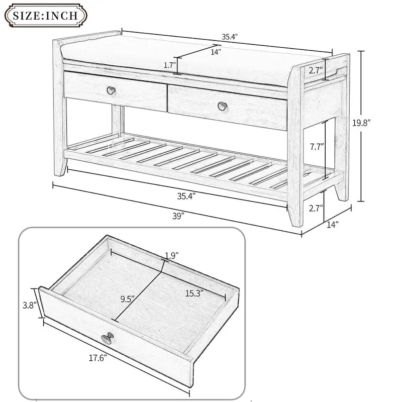 Étagère à chaussures avec siège rembourré et tiroirs, banc de rangement multifonctionnel pour entrée