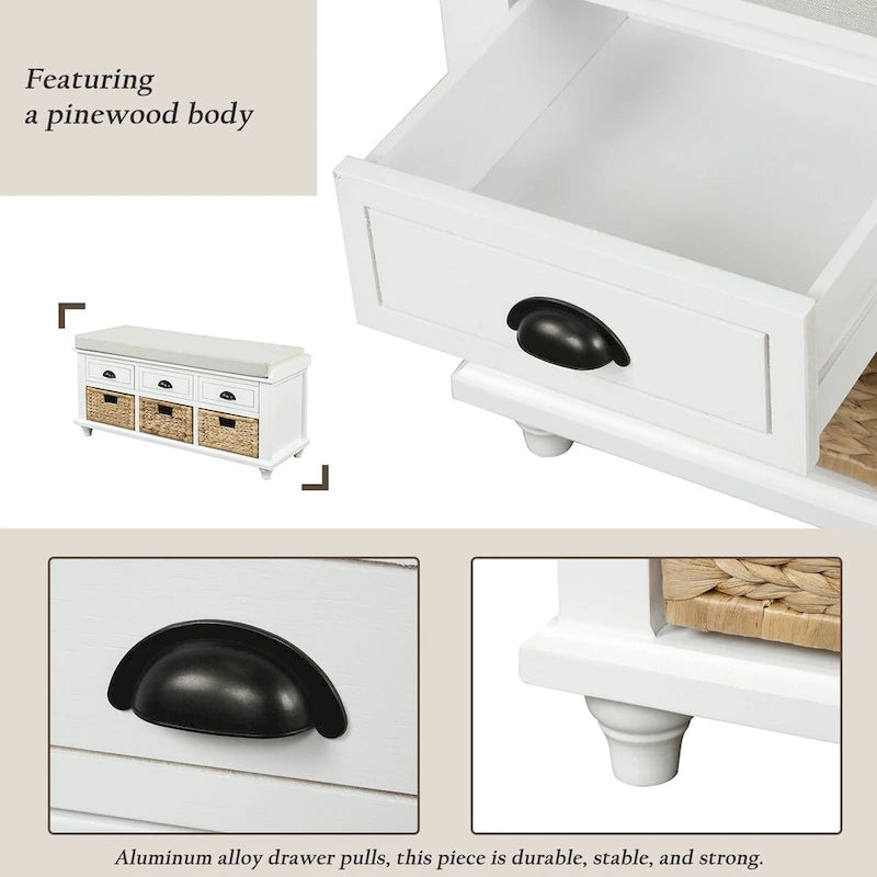 Banc de rangement rustique avec 3 tiroirs et 3 paniers en rotin, banc à chaussures pour salon, entrée