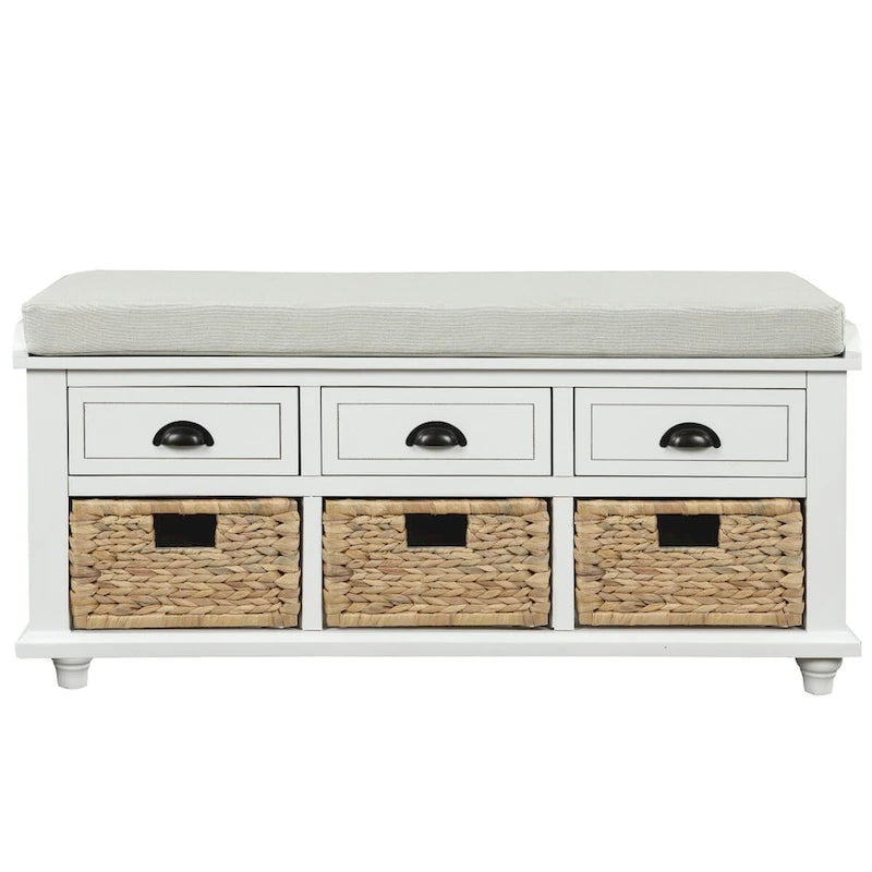 Banc de rangement rustique avec 3 tiroirs et 3 paniers en rotin, banc à chaussures pour salon, entrée