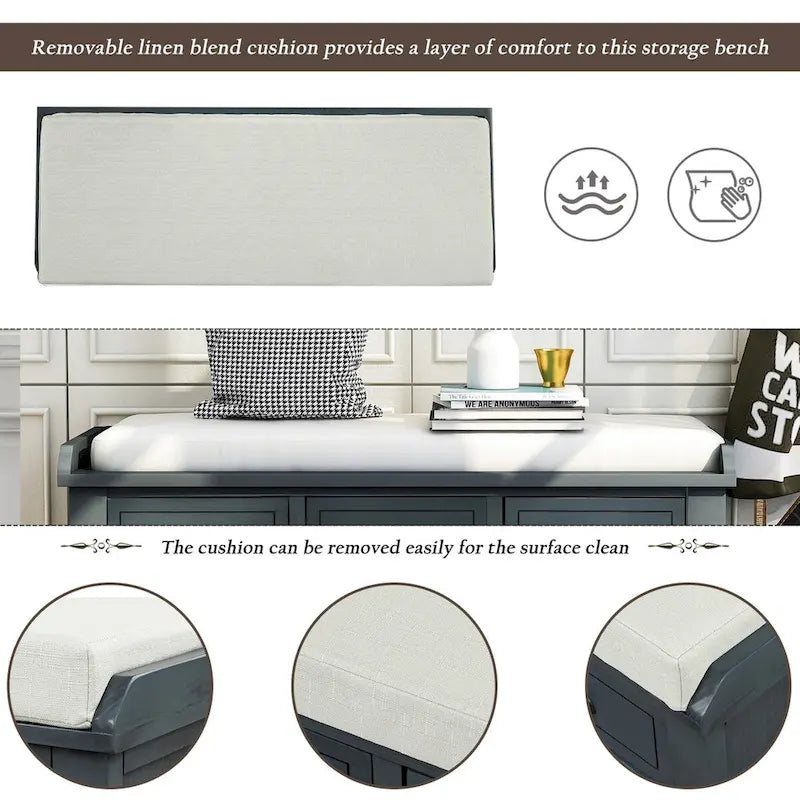 Banc de rangement rustique avec 3 tiroirs et 3 paniers en rotin, banc à chaussures pour salon, entrée