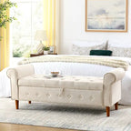 Banc de rangement capitonné à boutons pour chambre à coucher, pouf recouvert de lin