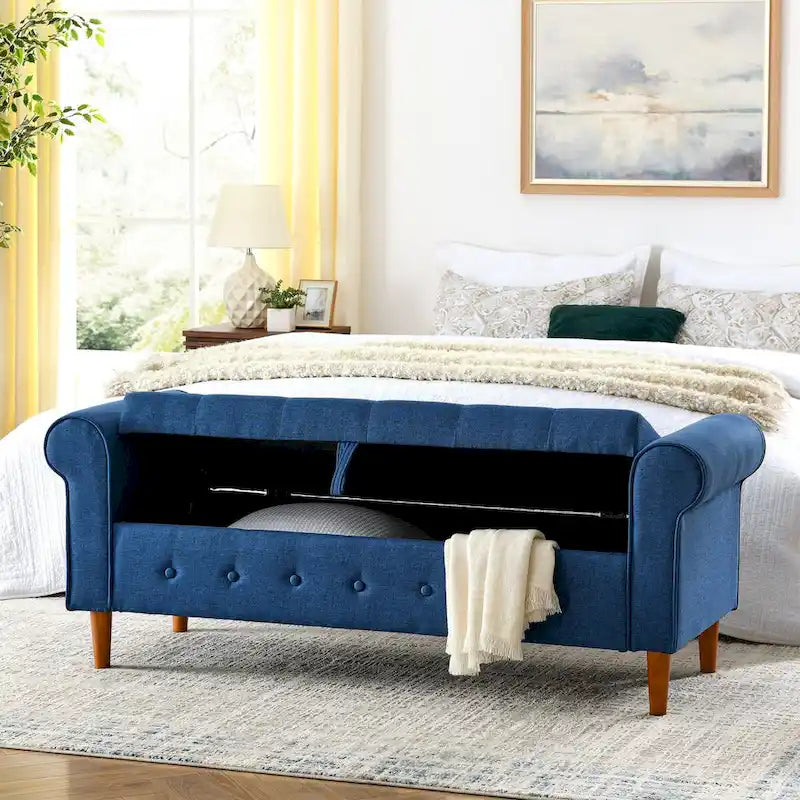 Banc de rangement capitonné à boutons pour chambre à coucher, pouf recouvert de lin
