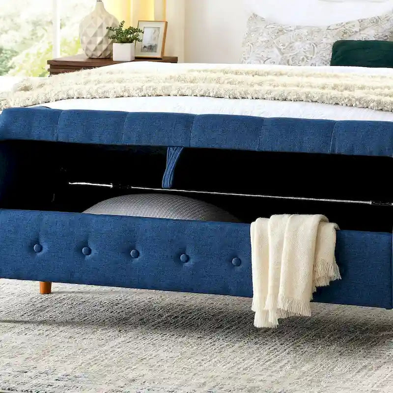 Banc de rangement capitonné à boutons pour chambre à coucher, pouf recouvert de lin