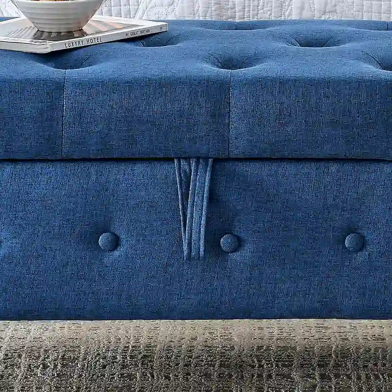 Banc de rangement capitonné à boutons pour chambre à coucher, pouf recouvert de lin