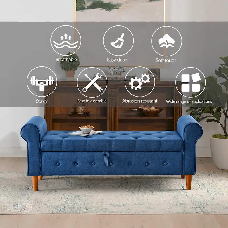 Banc de rangement capitonné à boutons pour chambre à coucher, pouf recouvert de lin