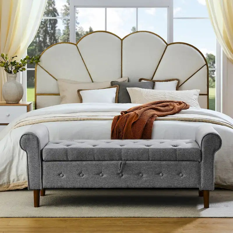 Banc de rangement capitonné à boutons pour chambre à coucher, pouf recouvert de lin