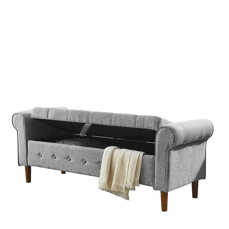 Banc de rangement capitonné à boutons pour chambre à coucher, pouf recouvert de lin