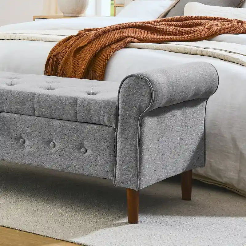 Banc de rangement capitonné à boutons pour chambre à coucher, pouf recouvert de lin