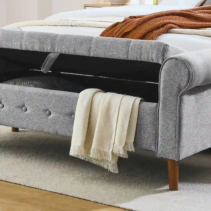 Banc de rangement capitonné à boutons pour chambre à coucher, pouf recouvert de lin