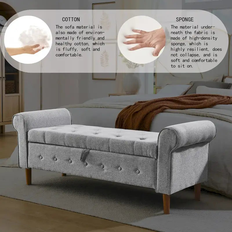 Banc de rangement capitonné à boutons pour chambre à coucher, pouf recouvert de lin