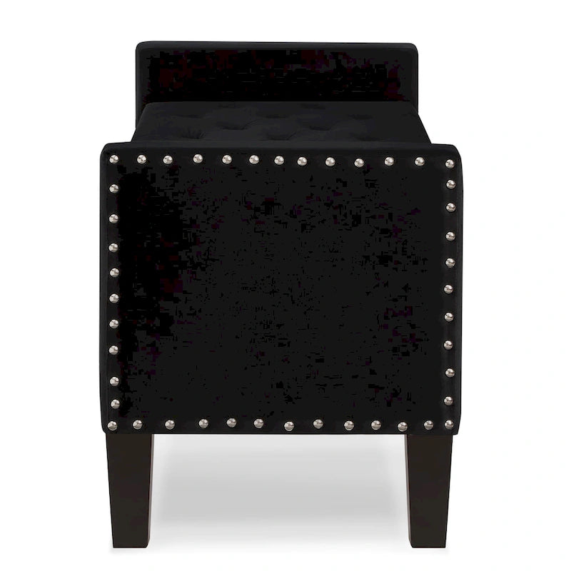 Banc de rangement capitonné avec boutons, garniture cloutée et accoudoirs