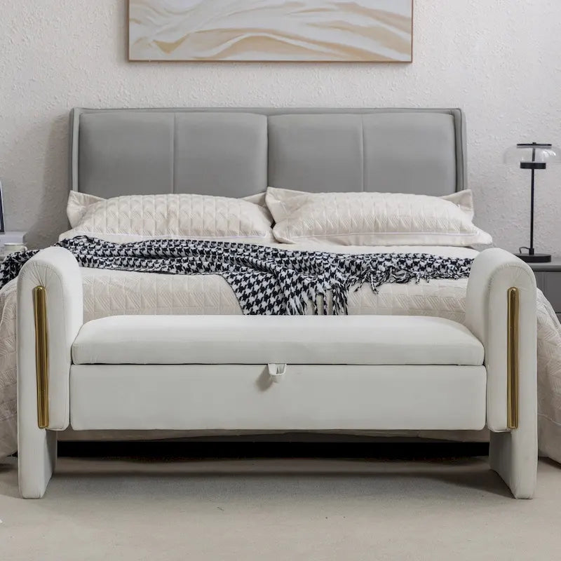 Banc de rangement en velours avec bordure métallique dorée pour salon ou chambre à coucher (intérieur)