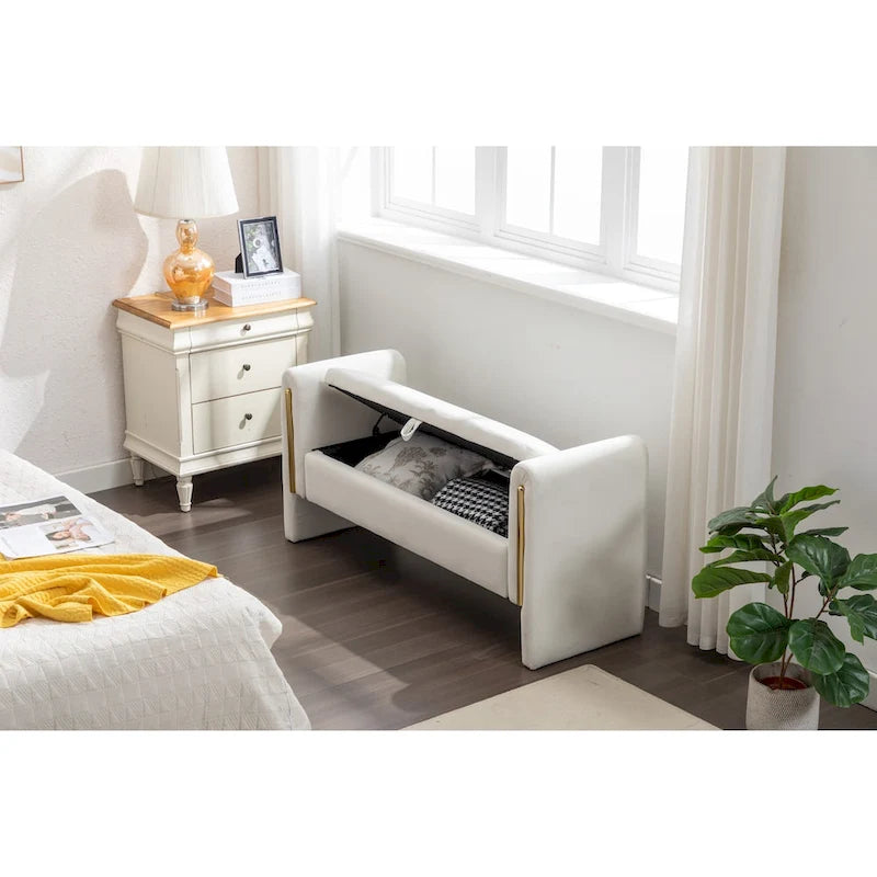 Banc de rangement en velours avec bordure métallique dorée pour salon ou chambre à coucher (intérieur)