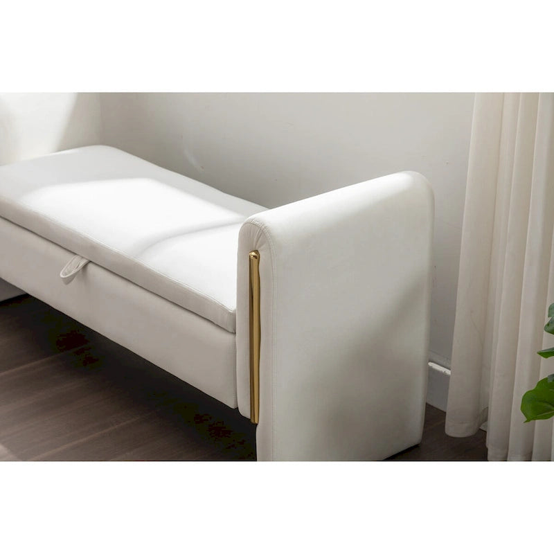Banc de rangement en velours avec bordure métallique dorée pour salon ou chambre à coucher (intérieur)