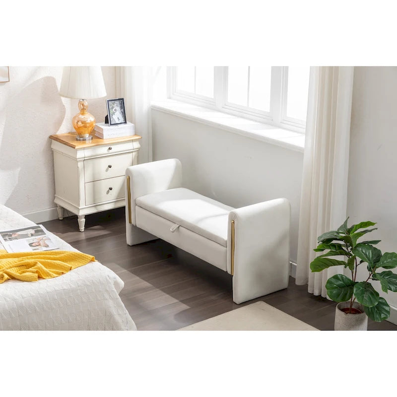 Banc de rangement en velours avec bordure métallique dorée pour salon ou chambre à coucher (intérieur)
