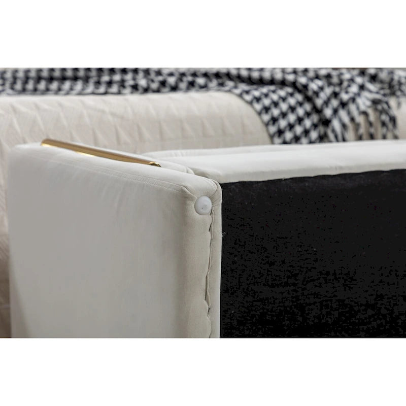 Banc de rangement en velours avec bordure métallique dorée pour salon ou chambre à coucher (intérieur)