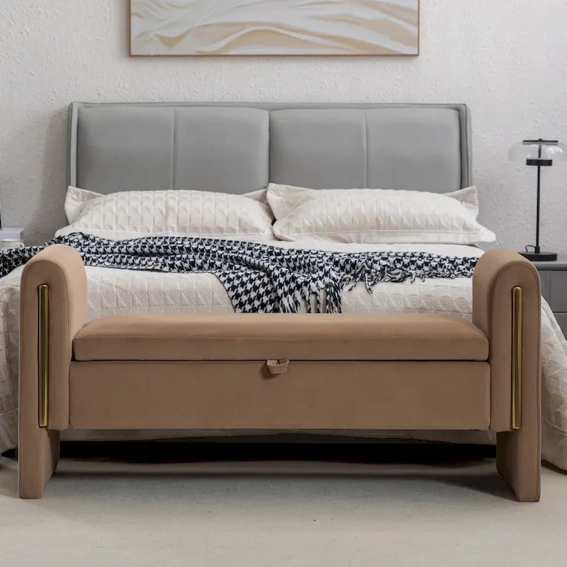Banc de rangement en velours avec bordure métallique dorée pour salon ou chambre à coucher (intérieur)