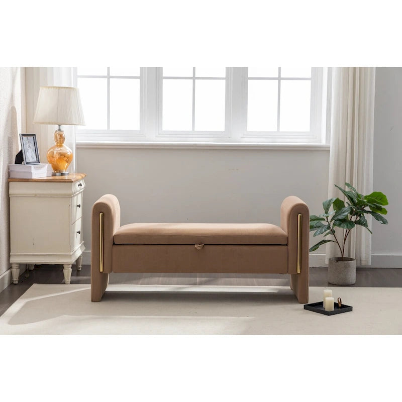 Banc de rangement en velours avec bordure métallique dorée pour salon ou chambre à coucher (intérieur)