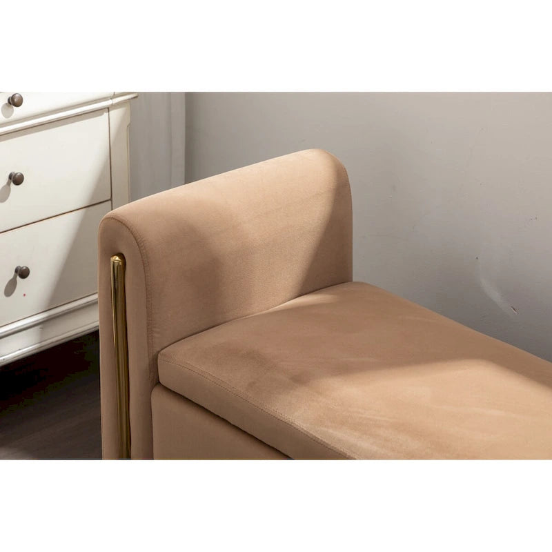 Banc de rangement en velours avec bordure métallique dorée pour salon ou chambre à coucher (intérieur)